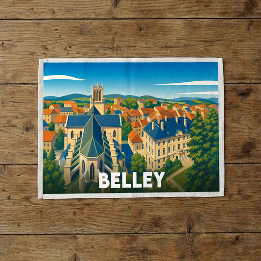 Torchon souvenir de la ville de Belley avec une illustration stylisée de ses monuments historiques.