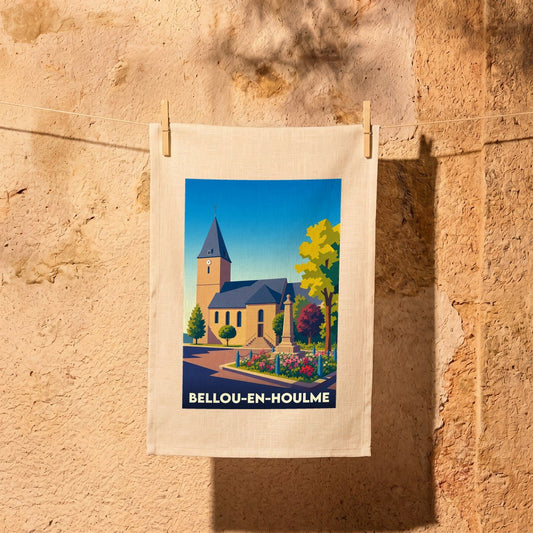Torchon souvenir de la ville de Bellou-en-Houlme avec une illustration stylisée de son église.