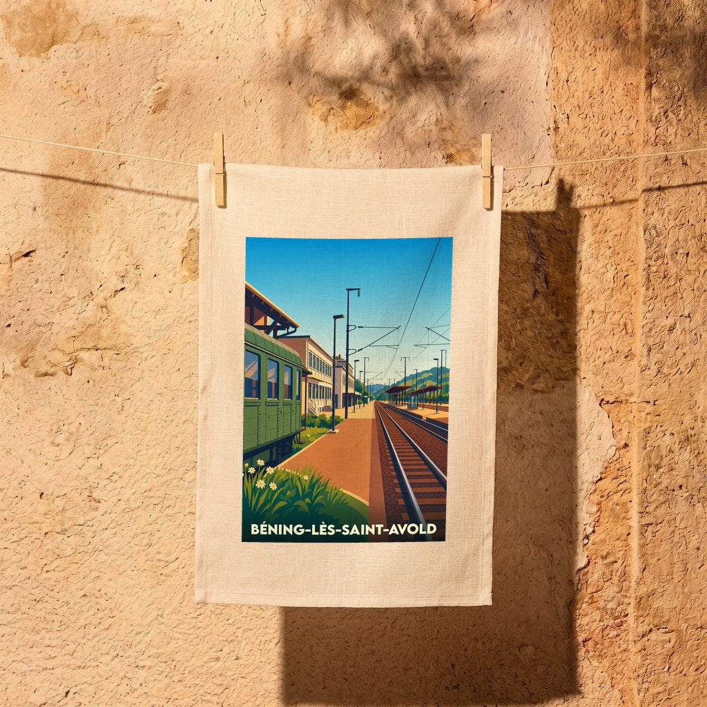 Torchon souvenir de la ville de Béning-lès-Saint-Avold avec une illustration stylisée d'une gare ferroviaire.