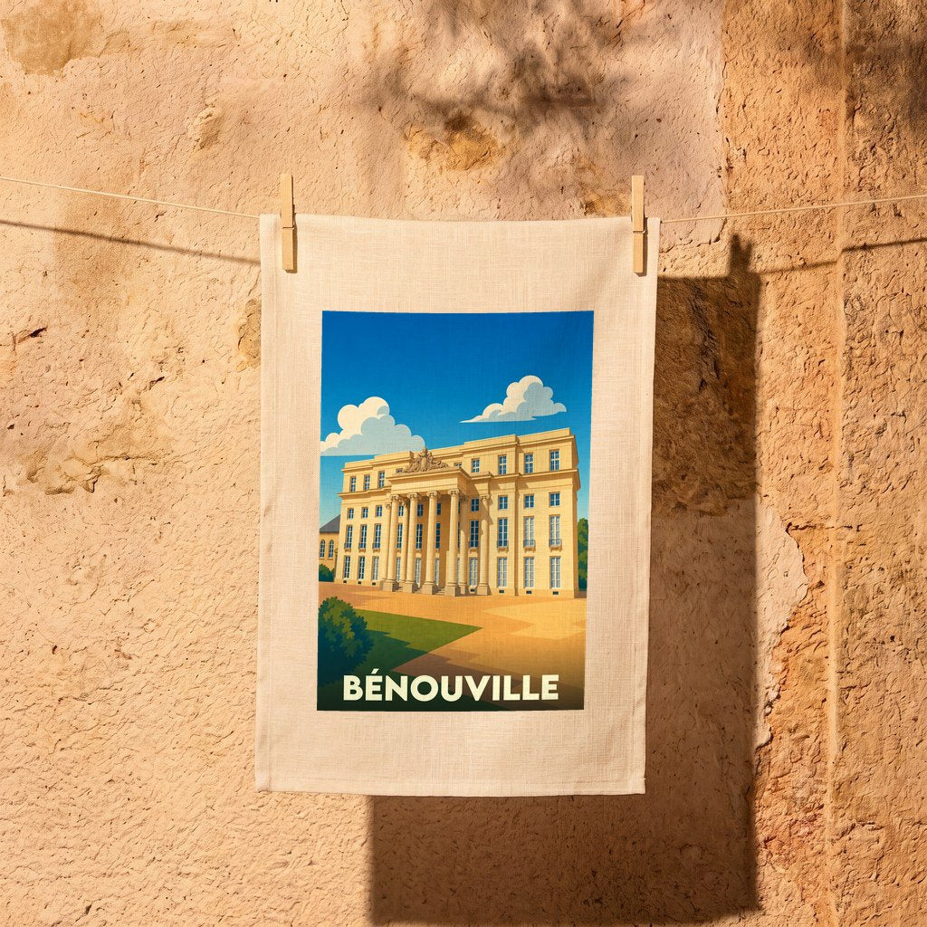 Torchon souvenir de la ville de Bénouville avec une illustration stylisée du château local.