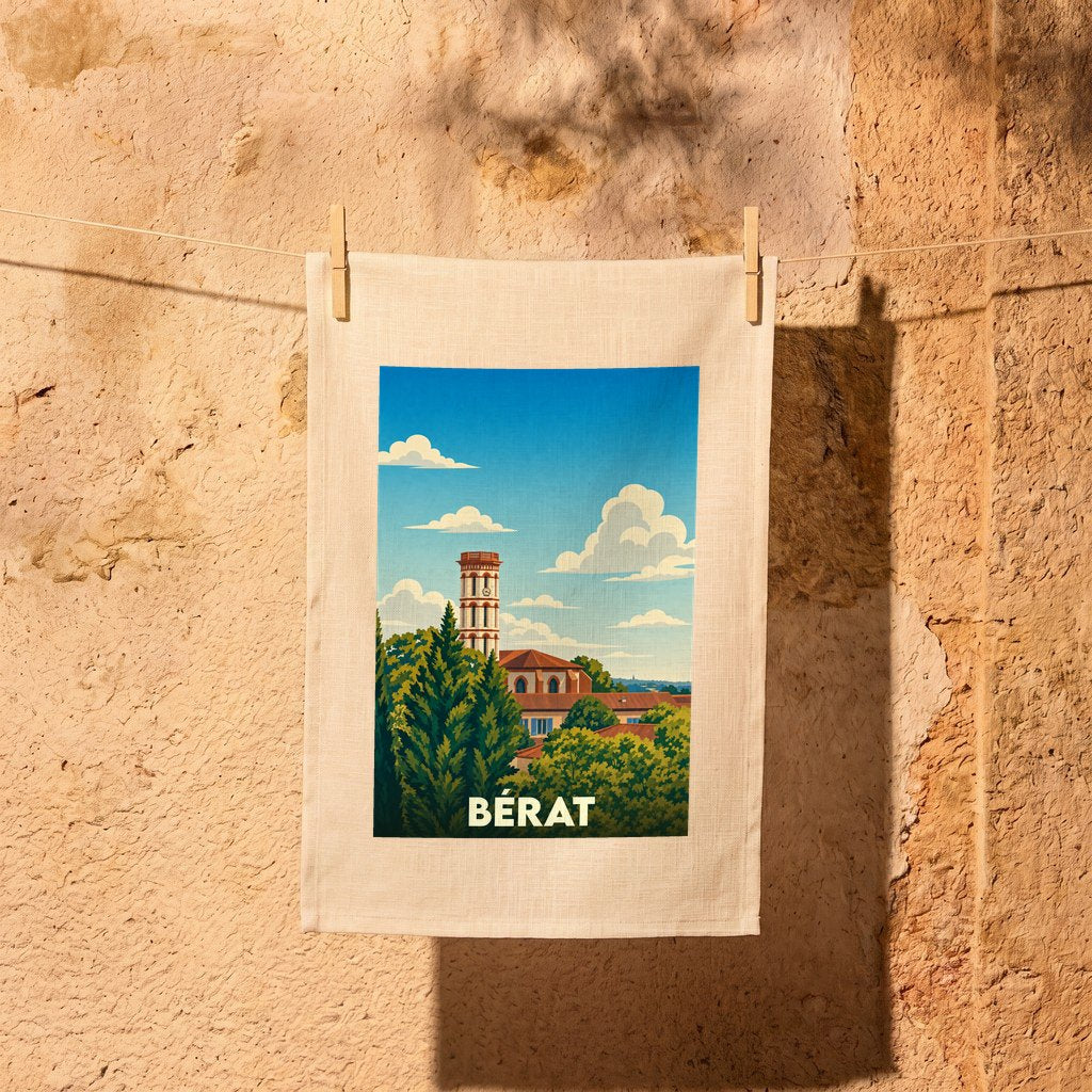 Torchon souvenir de la ville de Bérat avec une illustration stylisée.