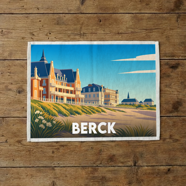 Torchon souvenir de la ville de Berck avec une illustration stylisée de ses villas et dunes.