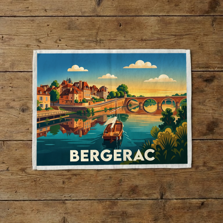 Torchon souvenir de la ville de Bergerac avec une illustration stylisée.