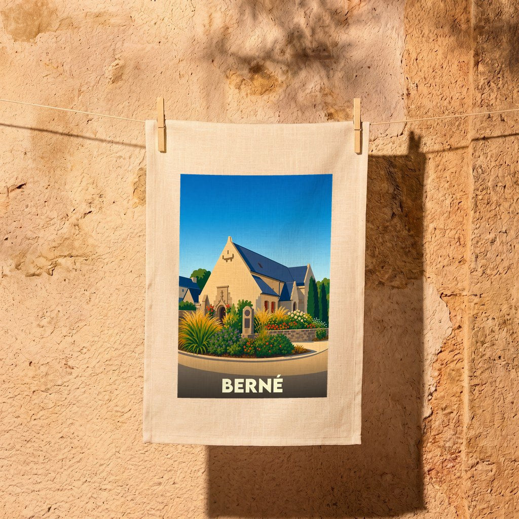 Torchon souvenir de la ville de Berné orné d'une illustration stylisée de son église.