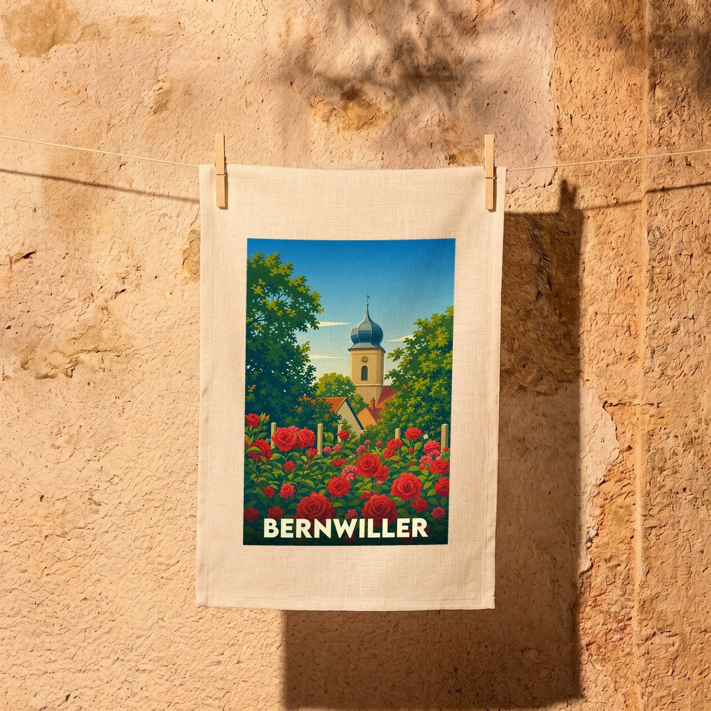 Torchon souvenir de la ville de Bernwiller orné d'une illustration stylisée de son église et de ses roses.