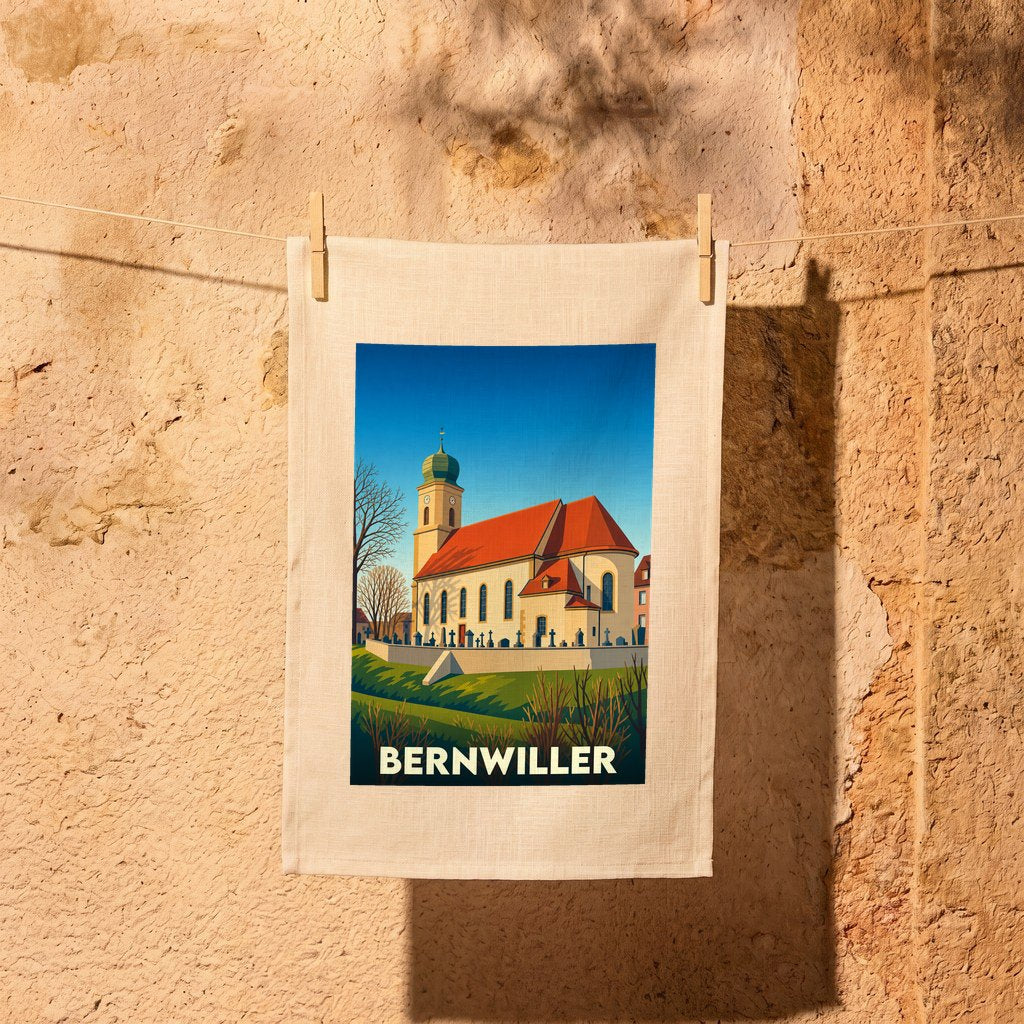 Torchon souvenir de la ville de Bernwiller avec une illustration stylisée de son église.