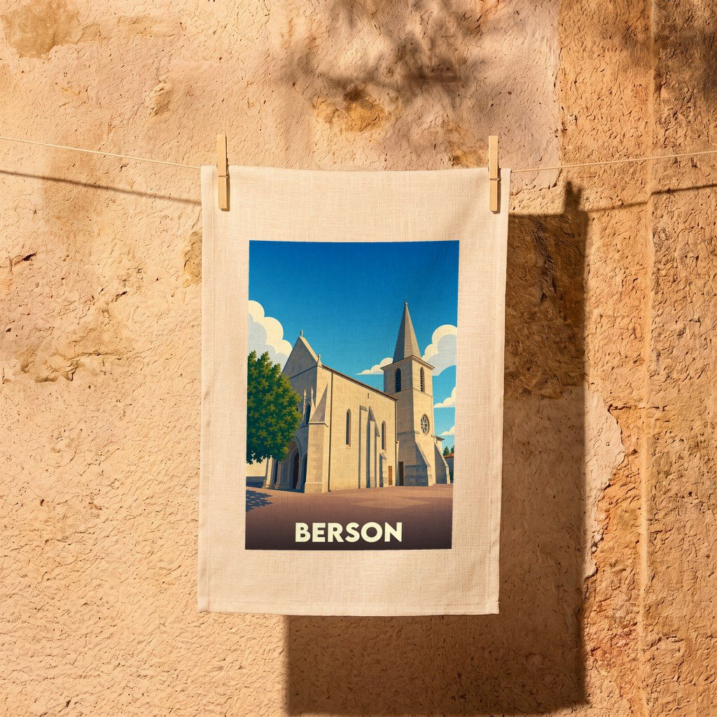 Torchon souvenir de la ville de Berson avec une illustration stylisée de son église.