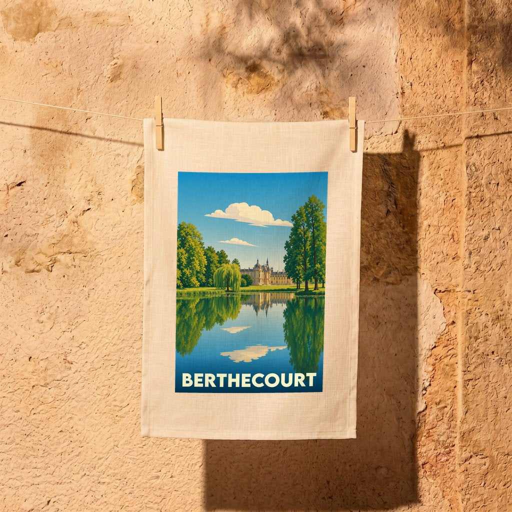 Torchon souvenir de la ville de Berthecourt avec une illustration stylisée d'un château se reflétant dans l'eau.