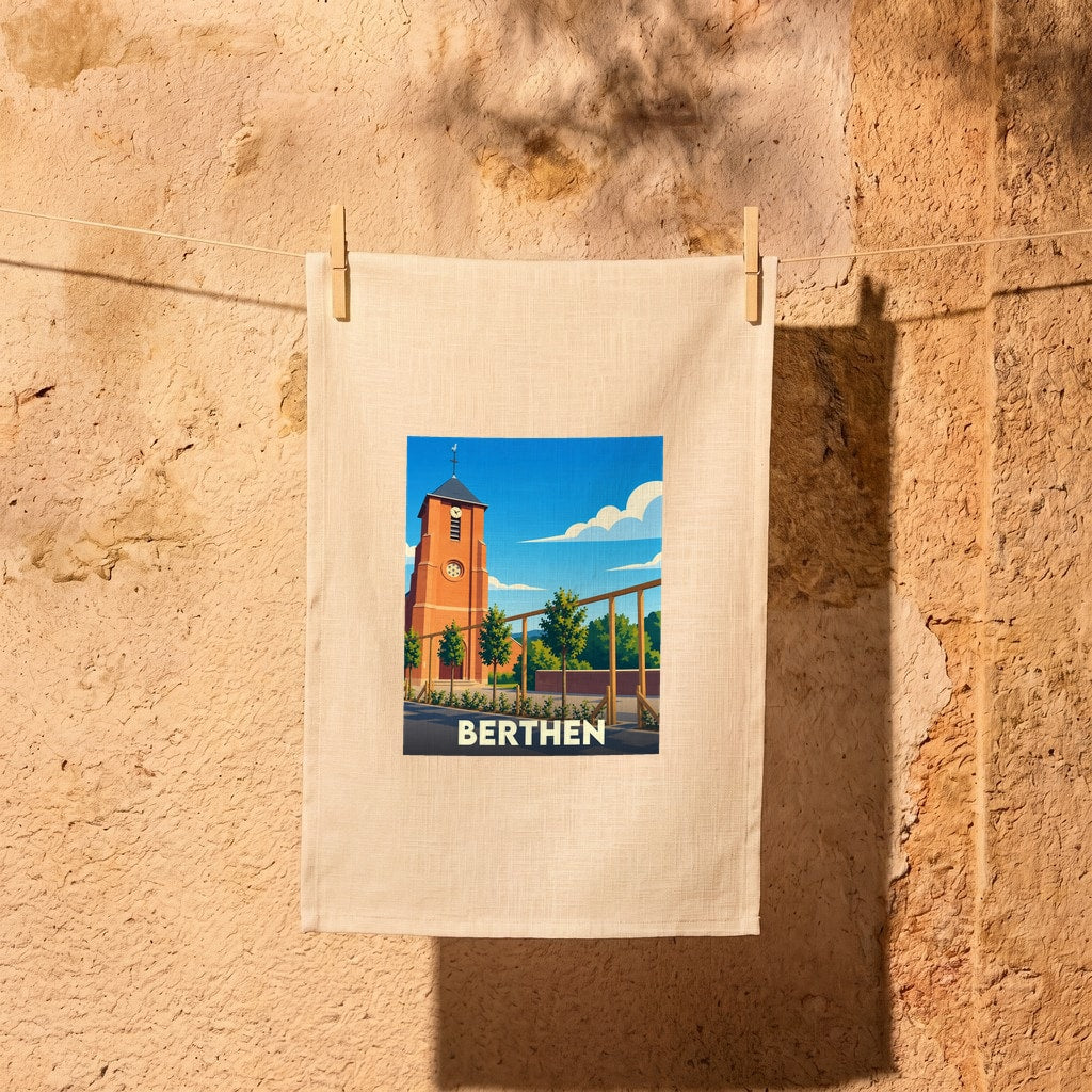 Torchon souvenir de la ville de Berthen avec une illustration stylisée d'une église.