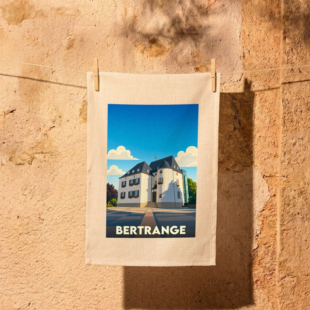 Torchon souvenir de la ville de Bertrange avec une illustration stylisée d'un bâtiment historique.