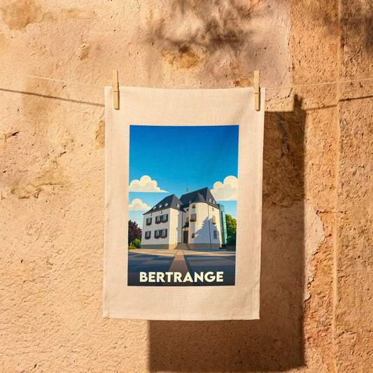Torchon souvenir de la ville de Bertrange avec une illustration stylisée d'un bâtiment historique.