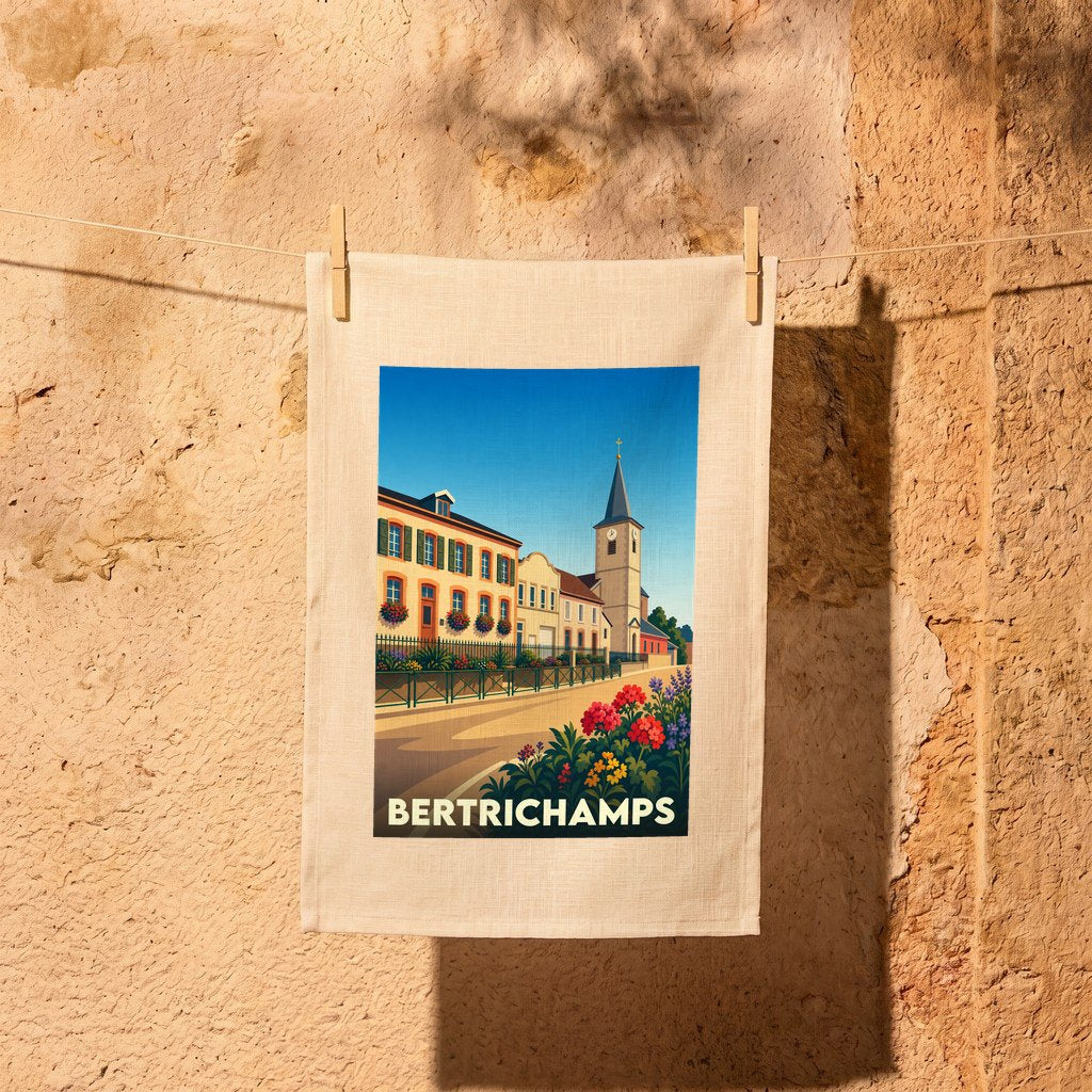 Torchon souvenir de la ville de Bertrichamps avec une illustration stylisée d'un paysage urbain.