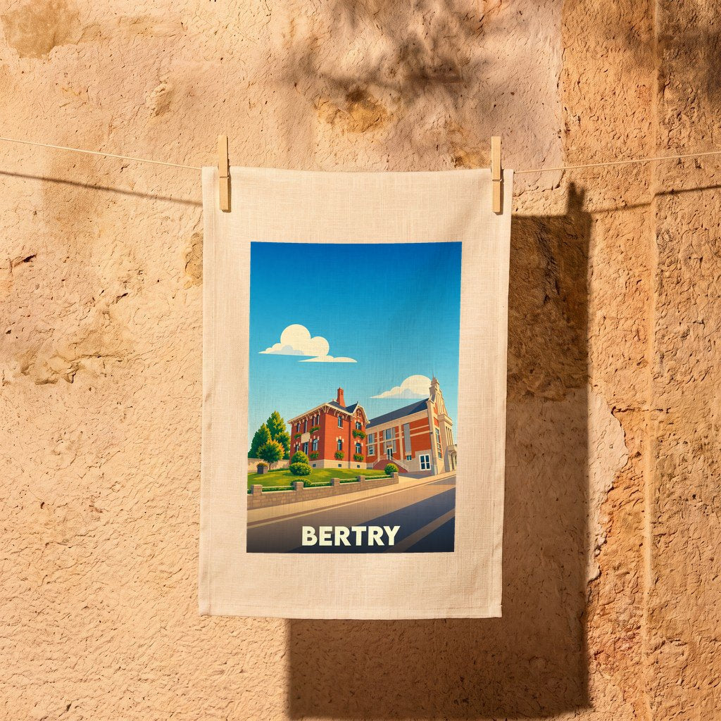 Torchon souvenir de la ville de Bertry avec une illustration stylisée.