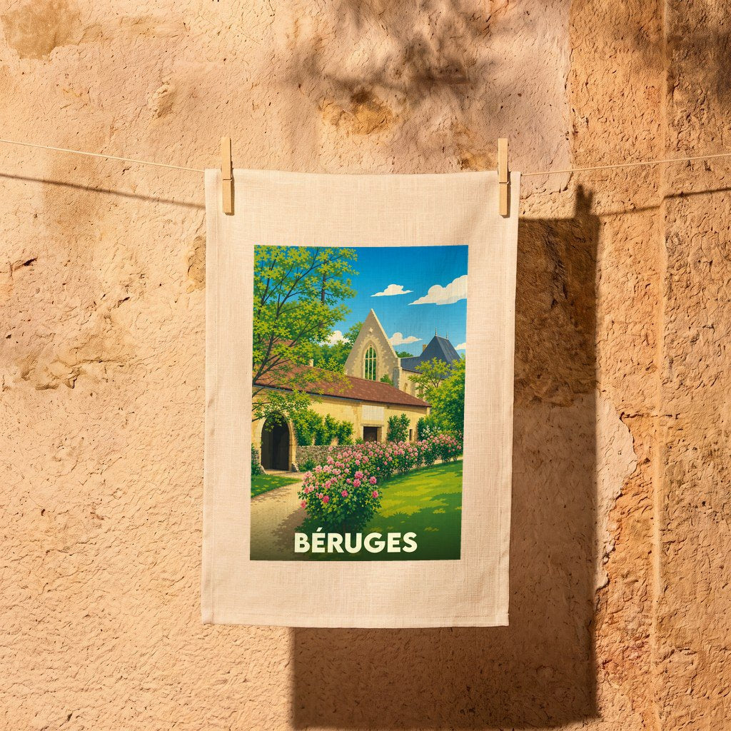 Torchon souvenir de la ville de Béruges illustré d'un paysage de style vintage.