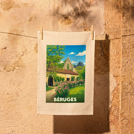 Torchon souvenir de la ville de Béruges illustré d'un paysage de style vintage.