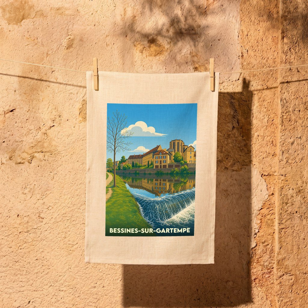 Torchon souvenir de la ville de Bessines-sur-Gartempe avec une illustration stylisée.