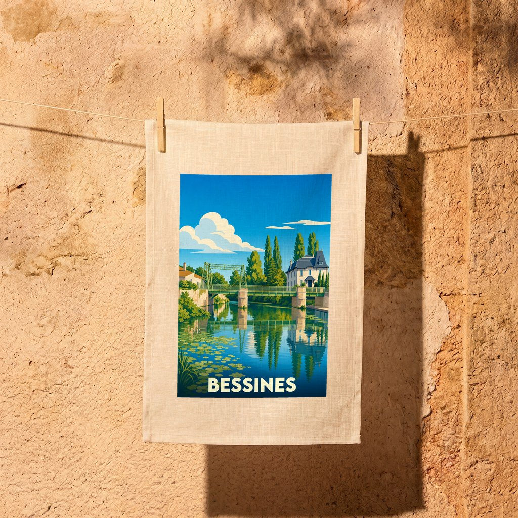 Torchon souvenir de la ville de Bessines orné d'une illustration stylisée d'un pont et d'une rivière.