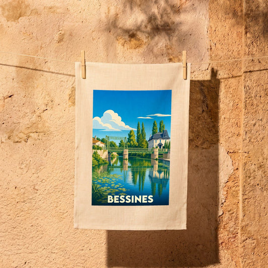 Torchon souvenir de la ville de Bessines orné d'une illustration stylisée d'un pont et d'une rivière.