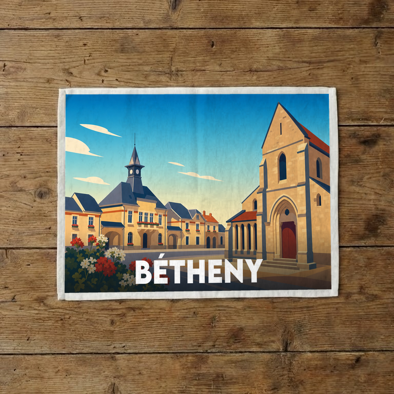 Torchon souvenir de la ville de Bétheny avec une illustration stylisée montrant l'église et la mairie.