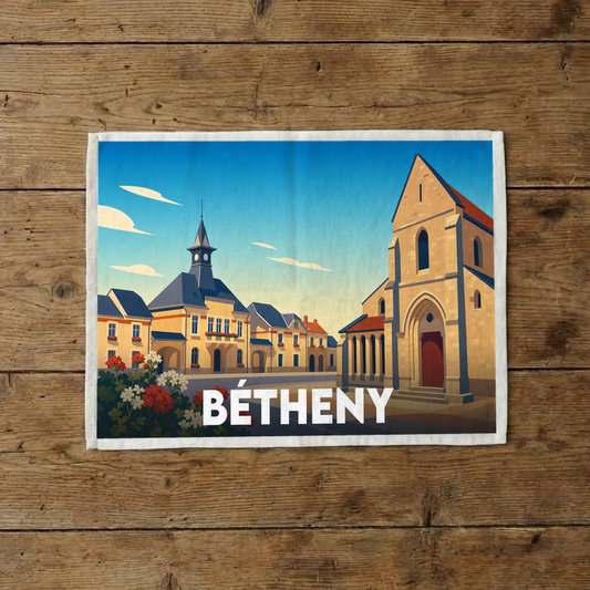 Torchon souvenir de la ville de Bétheny avec une illustration stylisée montrant l'église et la mairie.