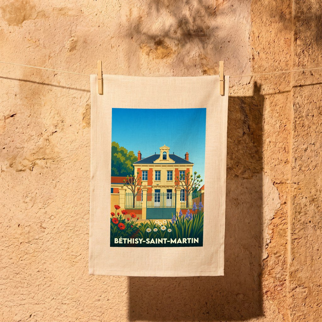 Torchon souvenir de la ville de Béthisy-Saint-Martin avec une illustration colorée et stylisée d'une maison de maître.