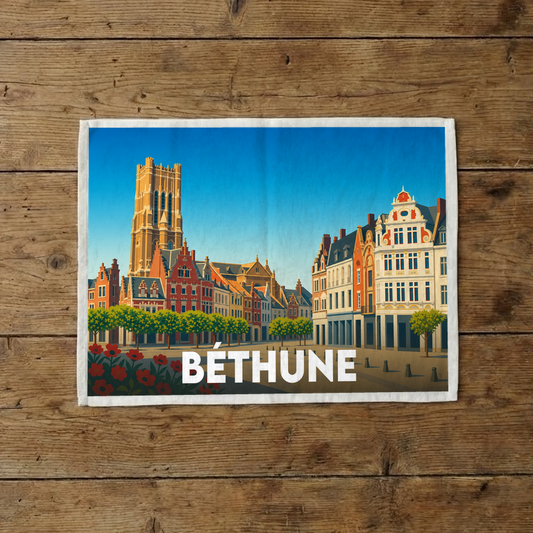 Torchon souvenir de la ville de Béthune avec une illustration stylisée de son architecture emblématique.