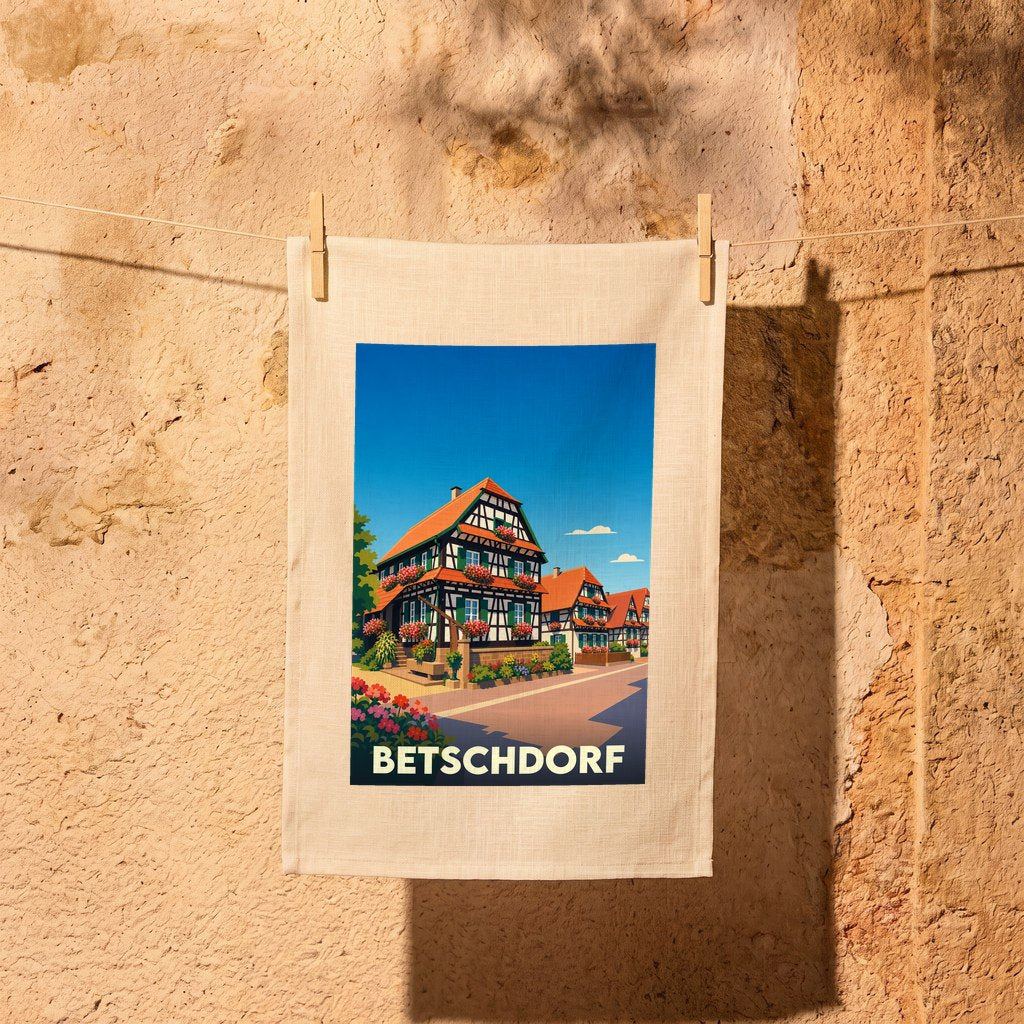 Torchon souvenir de la ville de Betschdorf illustré de maisons alsaciennes à colombages.