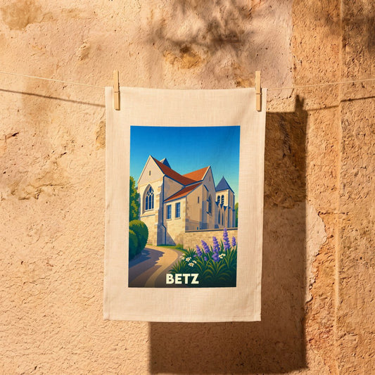 Torchon souvenir de la ville de Betz orné d'une illustration stylisée de son église.
