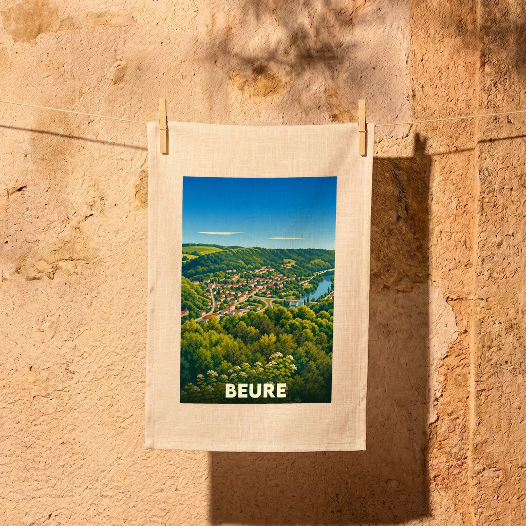 Torchon souvenir de la ville de Beure avec une illustration stylisée de son paysage verdoyant.