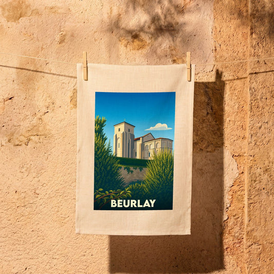 Torchon souvenir de la ville de Beurlay avec une illustration stylisée de son église romane.