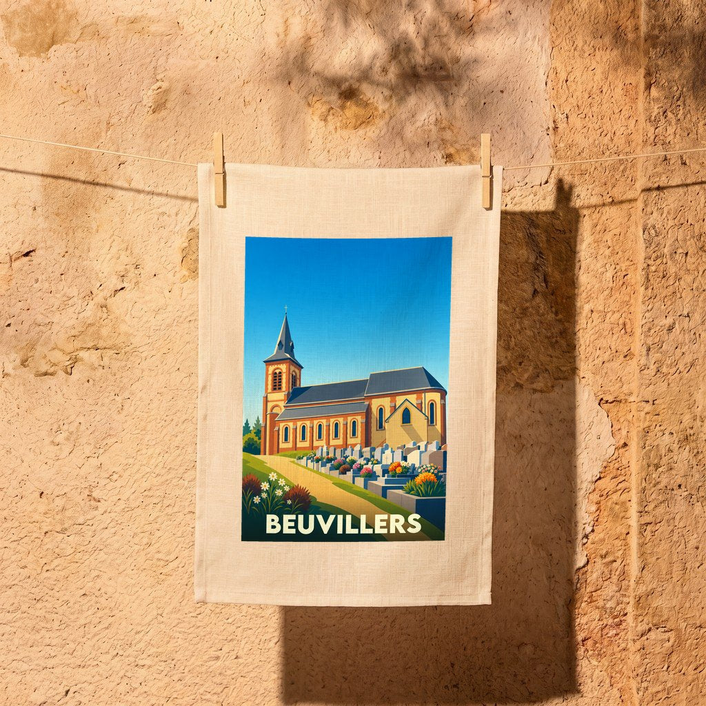 Torchon souvenir de la ville de Beuvillers illustré par une église stylisée et son cimetière fleuri.