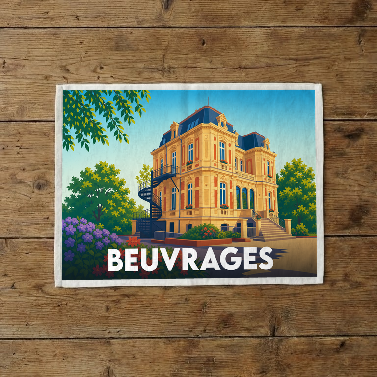 Torchon souvenir de la ville de Beuvrages illustrant une demeure bourgeoise entourée de jardins.