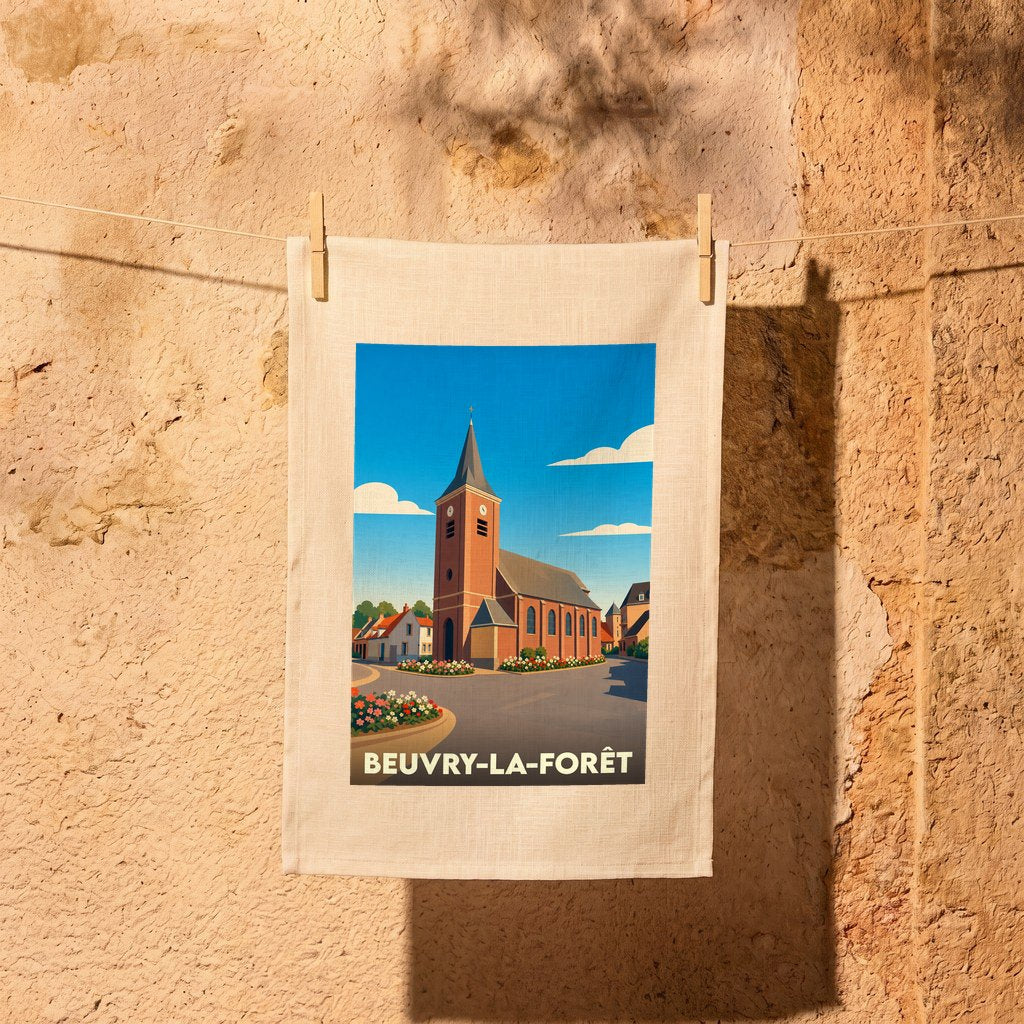 Torchon souvenir de la ville de Beuvry-la-Forêt illustré d'une église de style vintage.