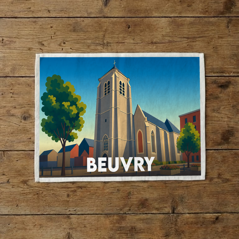Torchon souvenir de la ville de Beuvry avec une illustration stylisée de son église et de ses maisons.