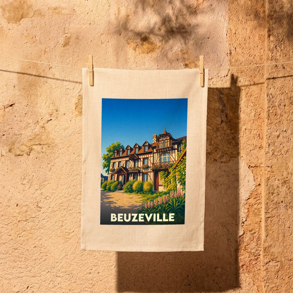 Torchon souvenir de la ville de Beuzeville avec une illustration stylisée d'une bâtisse normande.