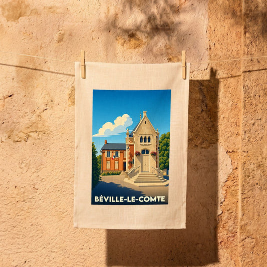 Torchon souvenir de la ville de Béville-le-Comte avec une illustration stylisée de son architecture.