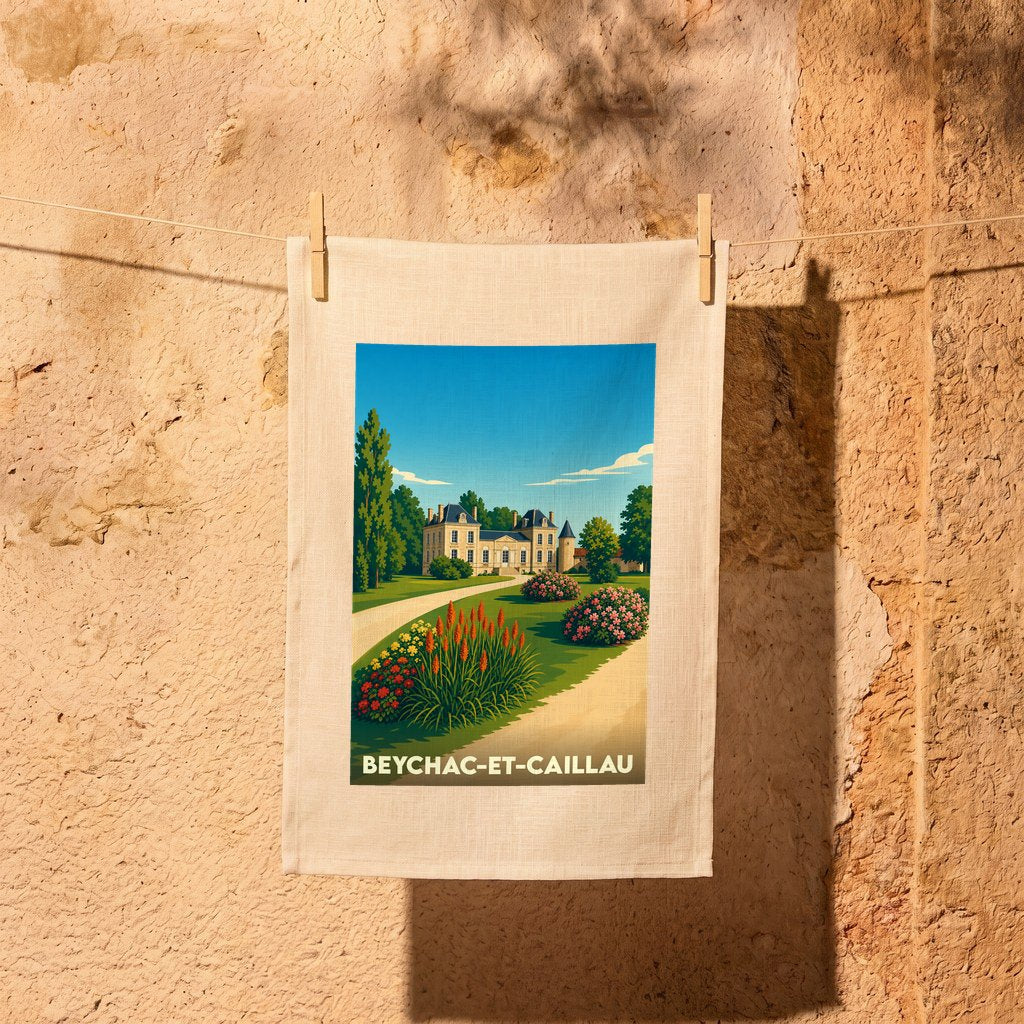 Torchon souvenir de la ville de Beychac-et-Caillau avec une illustration stylisée de château et de jardins.