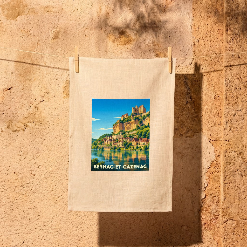 Torchon souvenir de la ville de Beynac-et-Cazenac avec une illustration stylisée.