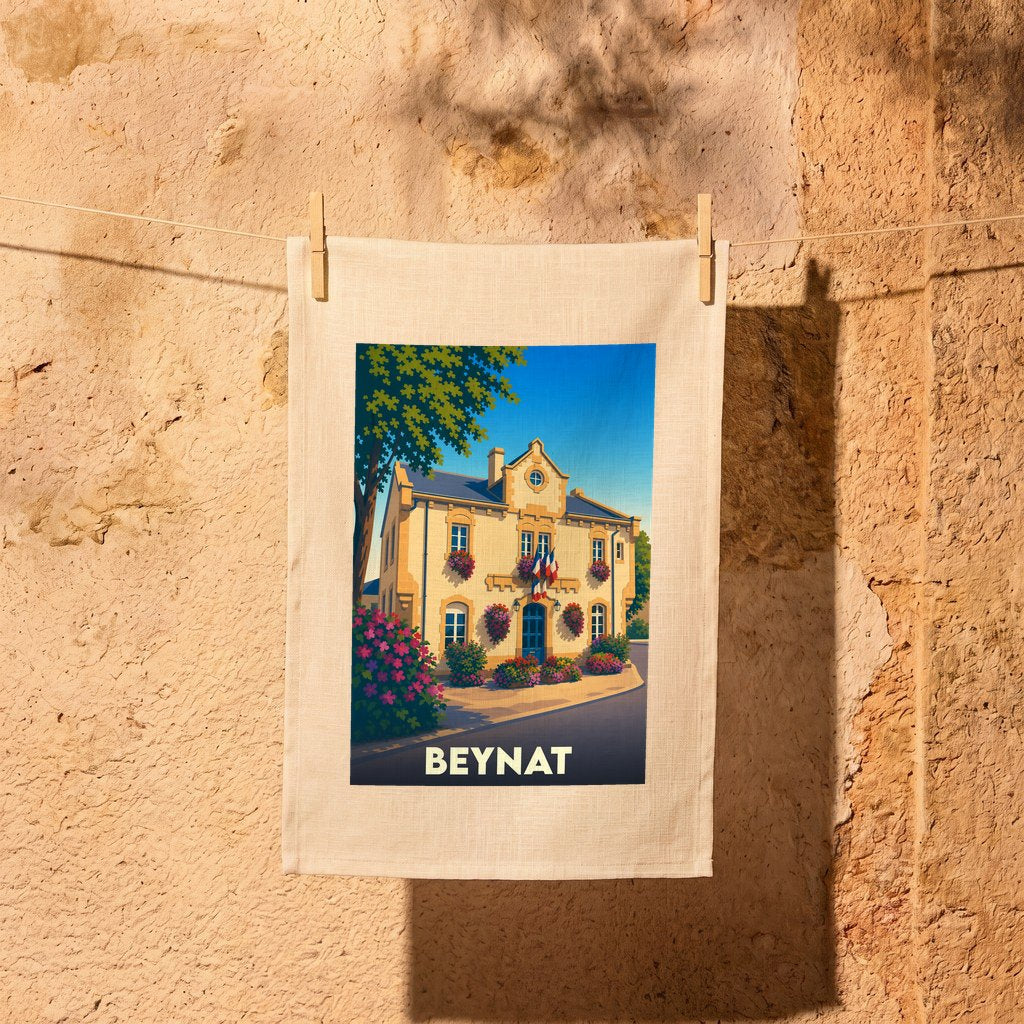 Torchon souvenir de la ville de Beynat illustré par une scène de rue colorée.