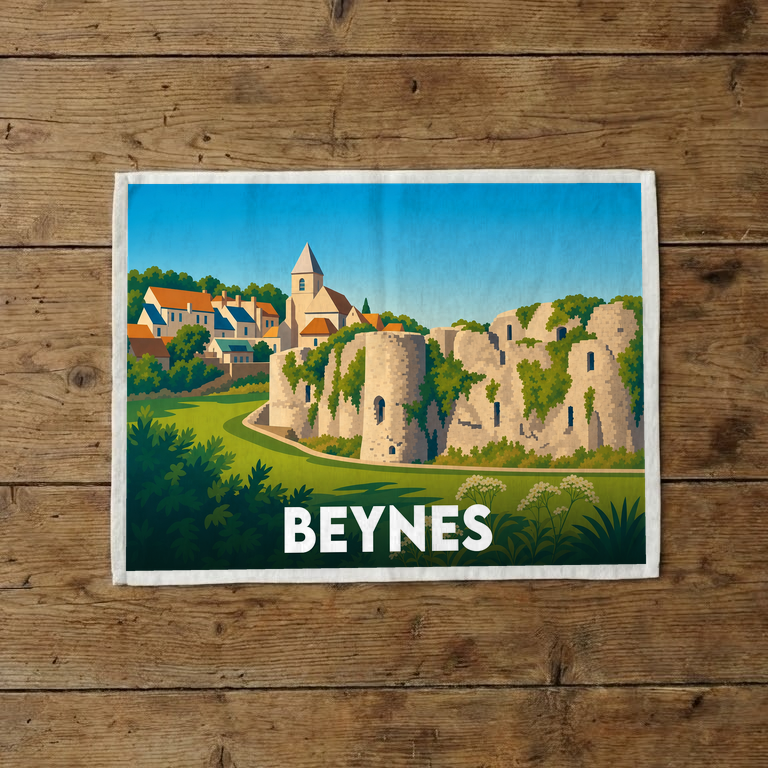 Torchon souvenir de la ville de Beynes avec une illustration stylisée.