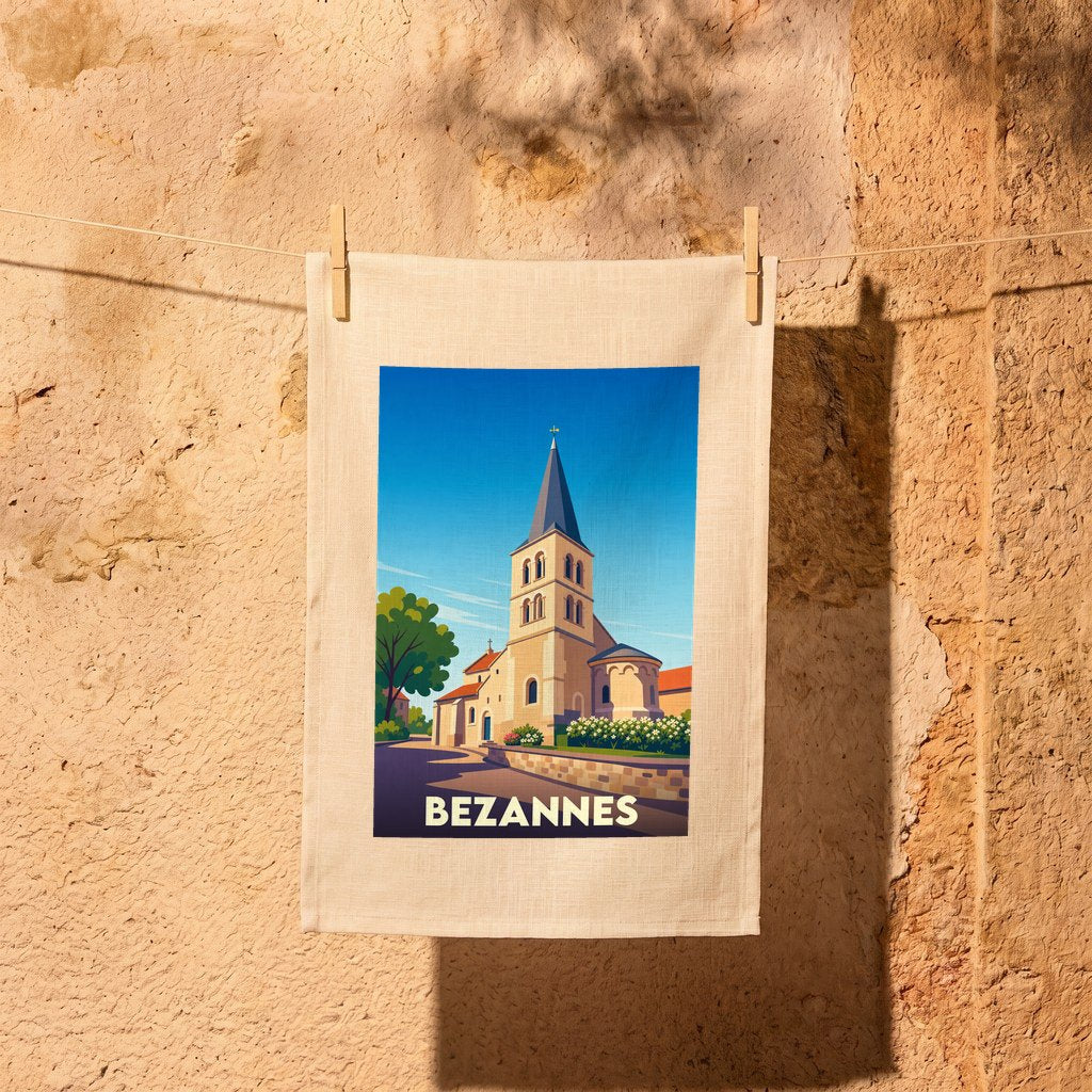 Torchon souvenir de la ville de Bezannes avec une illustration stylisée de son église.