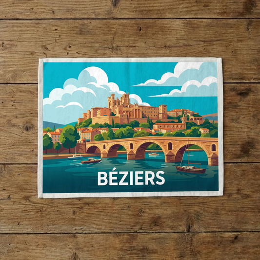 Torchon souvenir de la ville de Béziers avec une illustration stylisée du Pont Vieux et de sa cathédrale.