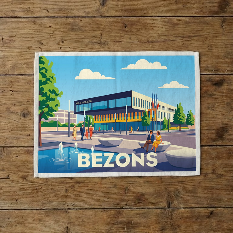 Torchon souvenir de la ville de Bezons avec une illustration stylisée de son hôtel de ville.