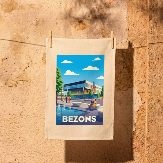 Torchon souvenir de la ville de Bezons avec une illustration stylisée de son hôtel de ville.