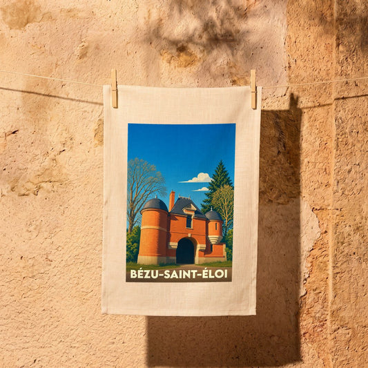 Torchon souvenir de la ville de Bézu-Saint-Éloi avec une illustration stylisée.