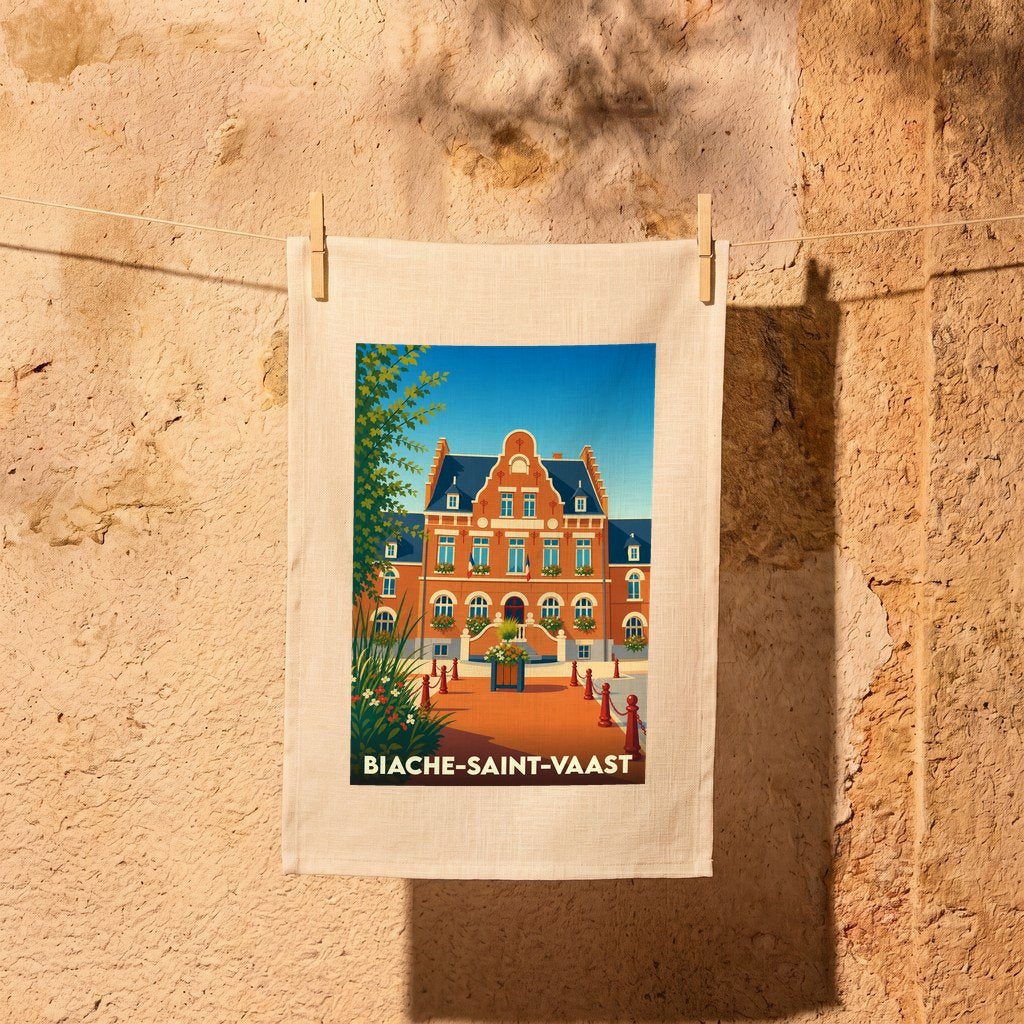 Torchon souvenir de la ville de Biache-Saint-Vaast avec une illustration stylisée de son hôtel de ville.
