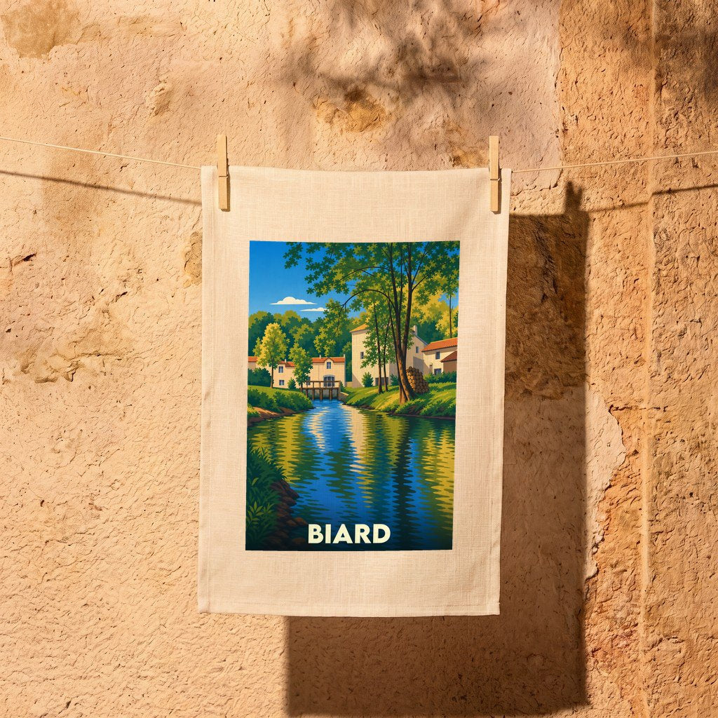 Torchon souvenir de la ville de Biard orné d'une illustration stylisée d'un paysage fluvial.