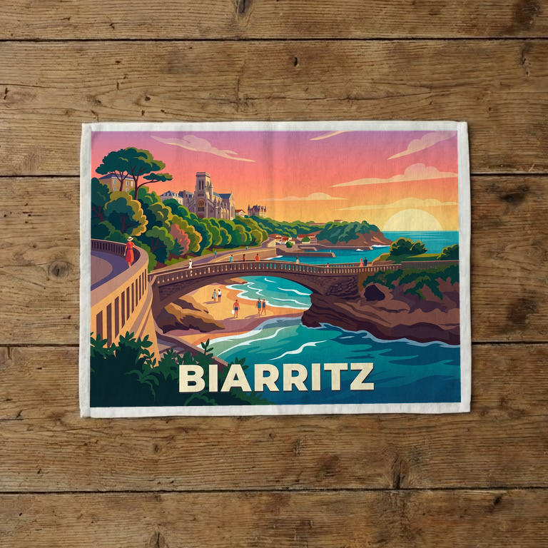 Torchon souvenir de la ville de Biarritz avec une illustration stylisée et colorée de son littoral au coucher du soleil.