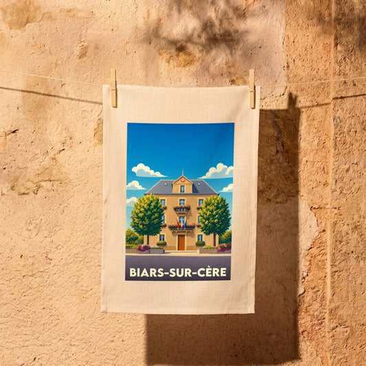 Torchon souvenir de la ville de Biars-sur-Cère avec une illustration stylisée.