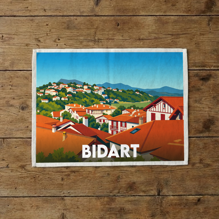 Torchon souvenir de la ville de Bidart avec une illustration stylisée de ses maisons traditionnelles aux toits rouges.